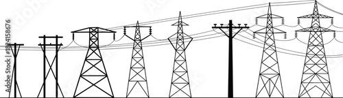 Electric power transmission towers and utility poles illustration, high voltage lines infrastructure, engineering line art vector for industrial energy projects