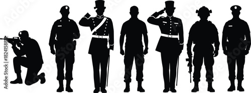 Army and police soldier silhouettes in different poses, military uniform personnel vector illustration set for defense security and training designs
