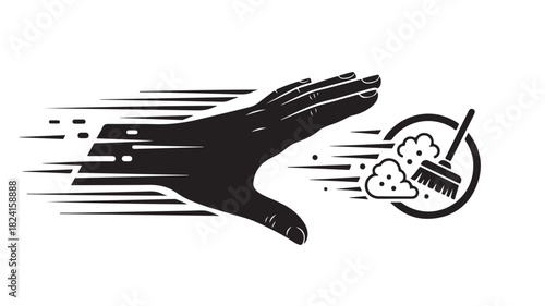 Powerful cleaning action with hand symbol and broom, representing fast and effective cleaning services for homes and businesses to achieve spotless results
