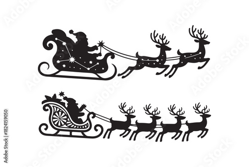Santa Claus Sleigh Silhouette Vector with Flying Reindeer, Christmas Clip art, Christmas Holiday Vector Design.