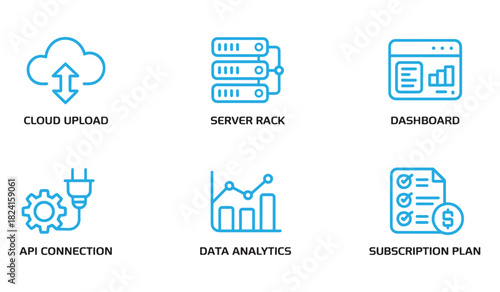 Cloud upload, server rack, dashboard, api connection, data analytics, and subscription plan icons a set of vector icons for data and cloud related topics