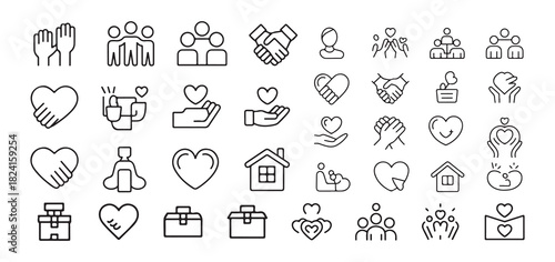Large collection of outline icons representing various concepts of help care and community