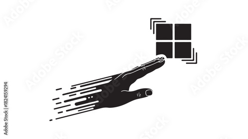 Modern touch screen interaction with app interface in dynamic black and white design, perfect for technology interfaces or cutting-edge design concepts with simple, bold graphics