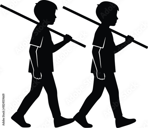 Two Boys Walking with SticksTwo Boys Walking with Sticks