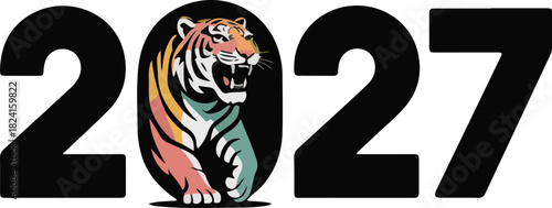 Vibrant vector illustration of a tiger with open mouth and colorful fur walking on a black background