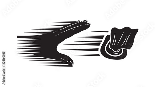 Speedy hand reaching for a symbol in bold black and white, conveys action and motion, great for logos and minimalist designs, perfect for fast service and quick solutions