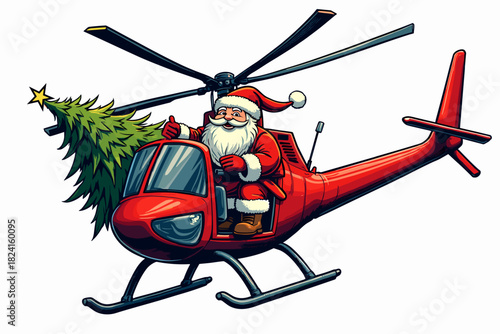 Santa Claus flying in a red helicopter carrying a Christmas tree against a white background