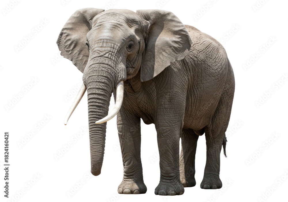 Obraz premium Large Grey Elephant Standing in White Background with Prominent Tusks and Ears