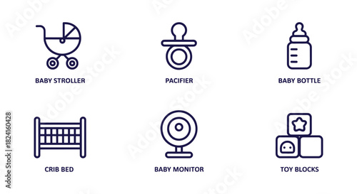 Baby icons set collection of baby stroller, pacifier, baby bottle, crib bed, baby monitor and toy blocks in outline style vector illustration