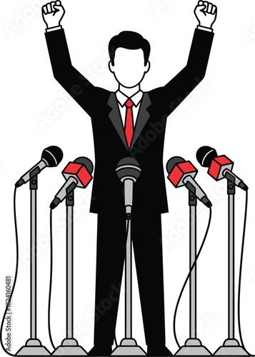 Man celebrating victory with raised fists surrounded by microphones at press conference or public announcement