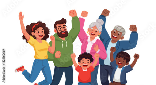 crowd of happy people, cheering group, excited audience, hands up celebration, people shouting, group enthusiasm, lively crowd, event spectators, joyful gathering, celebrating together, smartphone pho