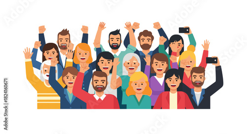 crowd of happy people, cheering group, excited audience, hands up celebration, people shouting, group enthusiasm, lively crowd, event spectators, joyful gathering, celebrating together, smartphone pho