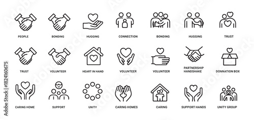 Set of line icons for various concepts like people, bonding, hugging, and connection symbols