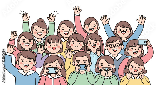 crowd of happy people, cheering group, excited audience, hands up celebration, people shouting, group enthusiasm, lively crowd, event spectators, joyful gathering, celebrating together, smartphone pho