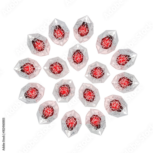 Arrangement of red gems in crystal facets isolated on white background