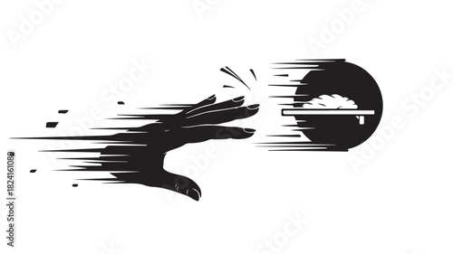 Dramatic black and white illustration of hand reaching toward circular saw, conveying danger and cautionary message, ideal for safety awareness campaigns and industrial design projects