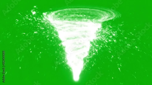 Powerful white tornado vortex with splashing water on a vibrant green background