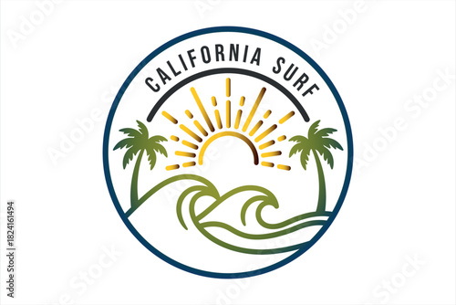 Ocean Waves Beach Palm Trees Sunset Emblem