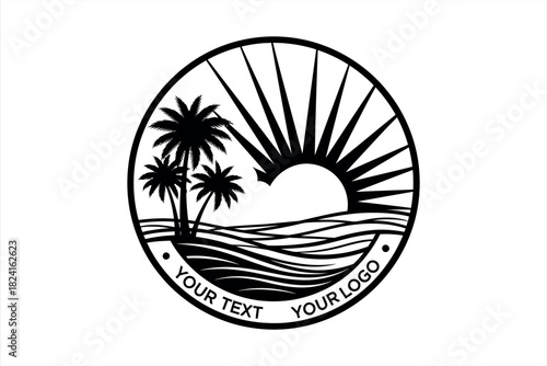 Tropical Sunset Over Ocean Waves Logo