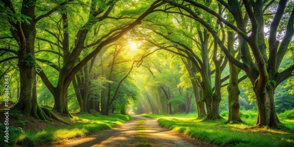 Naklejka premium Sunlit Pathway Through Majestic Arching Trees in a Verdant Forest
