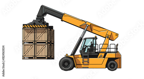 A reach stacker lifting a stack of wooden crates.