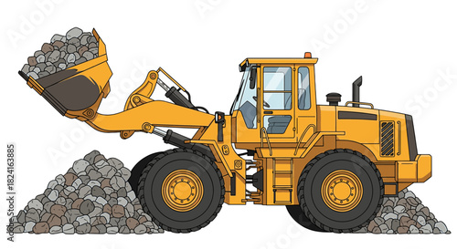 A yellow construction vehicle loading and moving a pile of rocks.