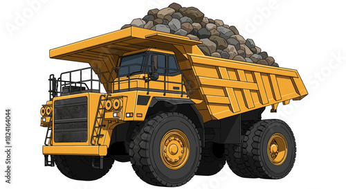 Yellow dump truck filled with rocks, isolated on a white background.