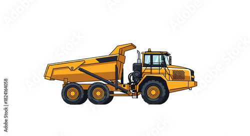 Yellow articulated dump truck with large tires, isolated on white background, side view.