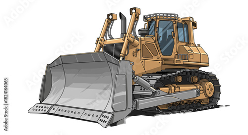 A detailed illustration of a large, yellow bulldozer, ready for construction work.