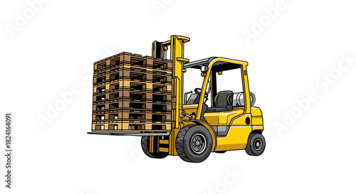 A yellow forklift carrying a stack of wooden pallets on a white background.