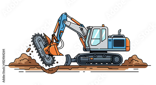 An excavator with a saw blade attachment digs into the ground, creating a trench.