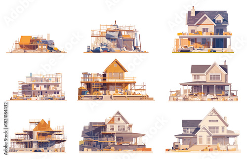 A set of cartoon houses being built step by step, from the foundation to the entire house, vector illustration