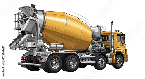 Illustration of a yellow concrete mixer truck, ready for construction work.