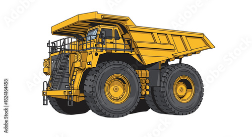 A large, yellow mining dump truck isolated against a white background, ready for use.