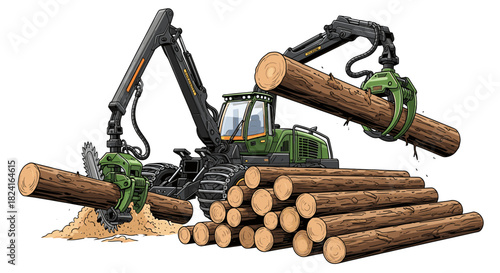 A large forestry machine manipulating and moving freshly cut logs for processing.