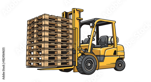 A yellow forklift is lifting a large stack of wooden pallets against a white background.