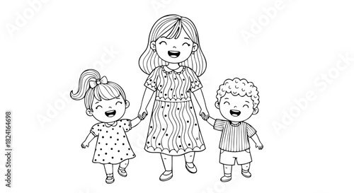 Joyful family bond with mother and her two happy children walking together in heartwarming outline illustration