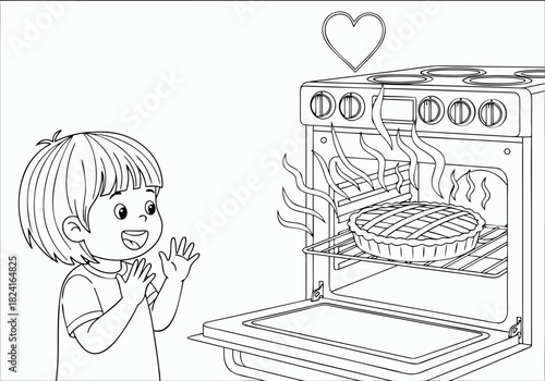 Happy little baker marvels at the golden pie baking in a hot oven, a heartwarming culinary moment