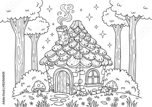 Charming fantasy home surrounded by enchanted trees, a delightful coloring page activity for kids
