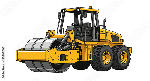 A yellow road roller, with a large drum, compacting and smoothing surfaces.