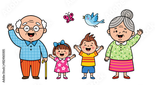 Happy Multi-Generational Cartoon Family Waving, Joyful Grandparents and Grandchildren in Vector Art