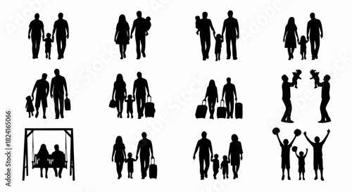 Dynamic Family Silhouettes Collection Illustrating Parental Guidance and Children's Joyful Activities