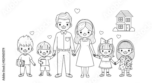 Joyful cartoon family portrait featuring parents and four children holding hands, embracing togetherness and happiness, ideal for vector art coloring pages