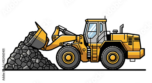 A yellow front loader dumps a pile of rocks, showcasing heavy machinery in action.