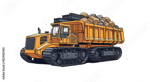 A yellow tracked truck is filled with rocks.