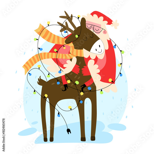 Vector illustration of Santa Claus riding a reindeer with gifts and New Year's garland.