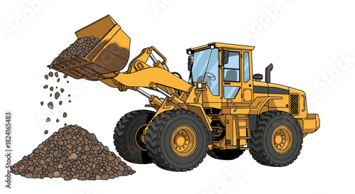 A yellow construction vehicle dumping a load of soil onto a pile.