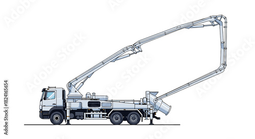 White concrete pump truck with long articulated arm, side view, isolated on white background.
