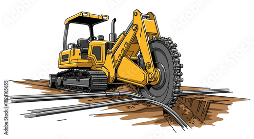 A yellow trenching machine digging a trench to lay underground cables.