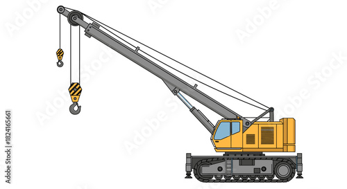 Illustration of a yellow and gray crane with a hook suspended from cables.